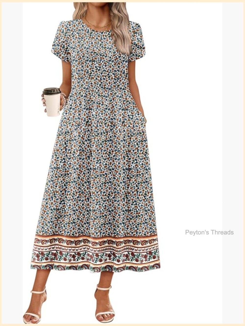 Bohemian Floral Short Sleeve Maxi Dress Flowy A-Line Sundress with Pockets